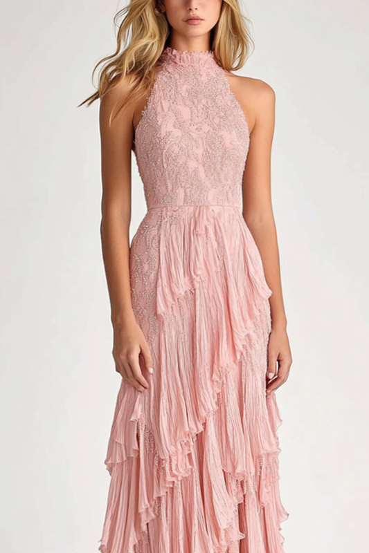 Blush Sheath Halter Ruffles Long Formal Dress