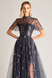 Navy A Line Short Sleeves Pleated Tulle Formal Dress