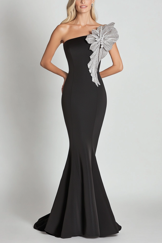 Black Mermaid One Shoulder with Sequin Flower Long Formal Dress