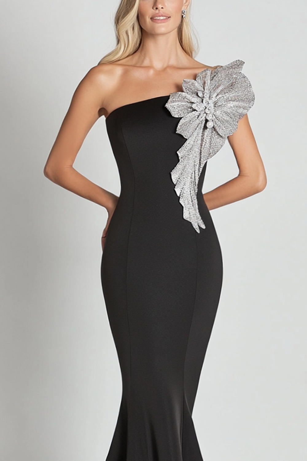 Black Mermaid One Shoulder with Sequin Flower Long Formal Dress