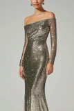 Golden Column One Shoulder Sequin Long Formal Dress