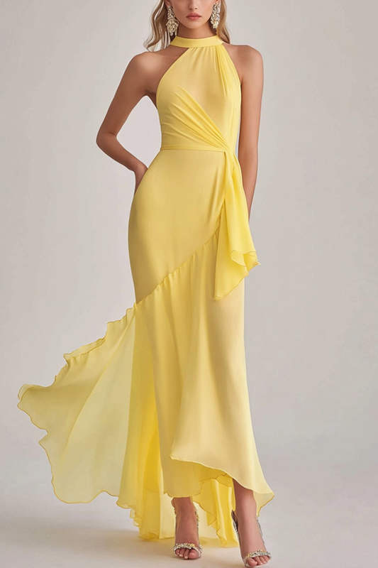 Light Yellow Halter Neck Mermaid Chiffon Long Wedding Guest Dress