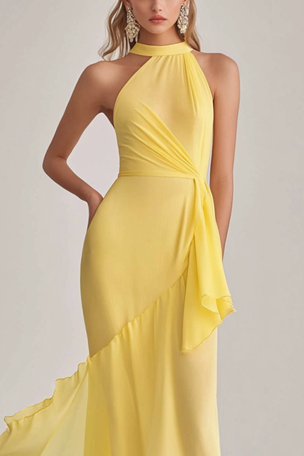 Light Yellow Halter Neck Mermaid Chiffon Long Wedding Guest Dress