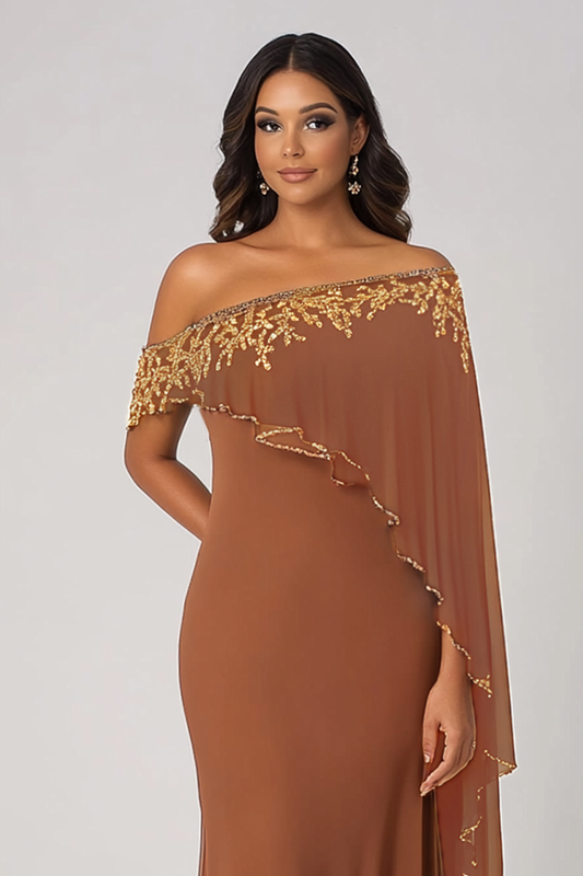 Sparkly Rust Off The Shoulder Chiffon Long Mother of Bride Dress