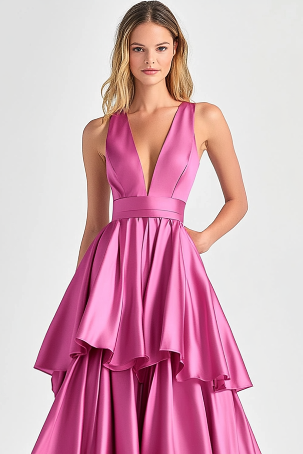 Fuchsia A-Line V Neck Ruffles Long Prom Dress