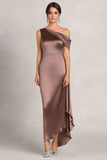 Taupe Sheath One Shoulder Ruched Rhinetones Satin Mother Of the Bride Dress