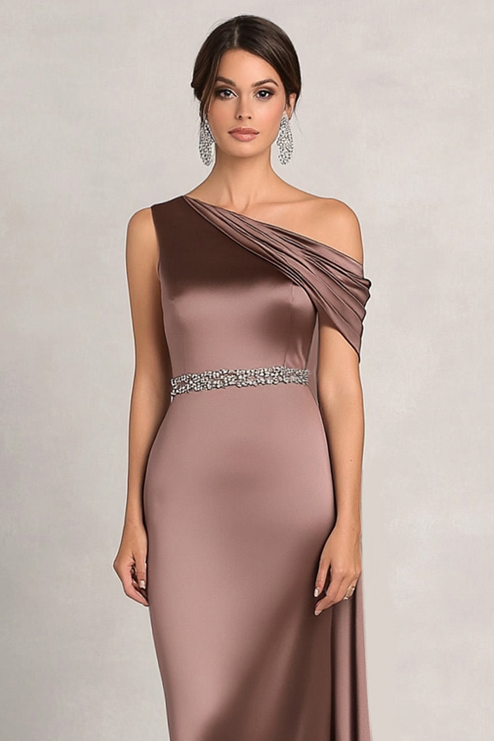 Taupe Sheath One Shoulder Ruched Rhinetones Satin Mother Of the Bride Dress