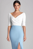 White and Light Blue Mermaid V Neck 1/2 Sleeves Knee Length Formal Dress with Slit