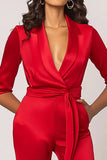 Red Shawl Lapel Long Sleeves Satin Formal Jumpsuits