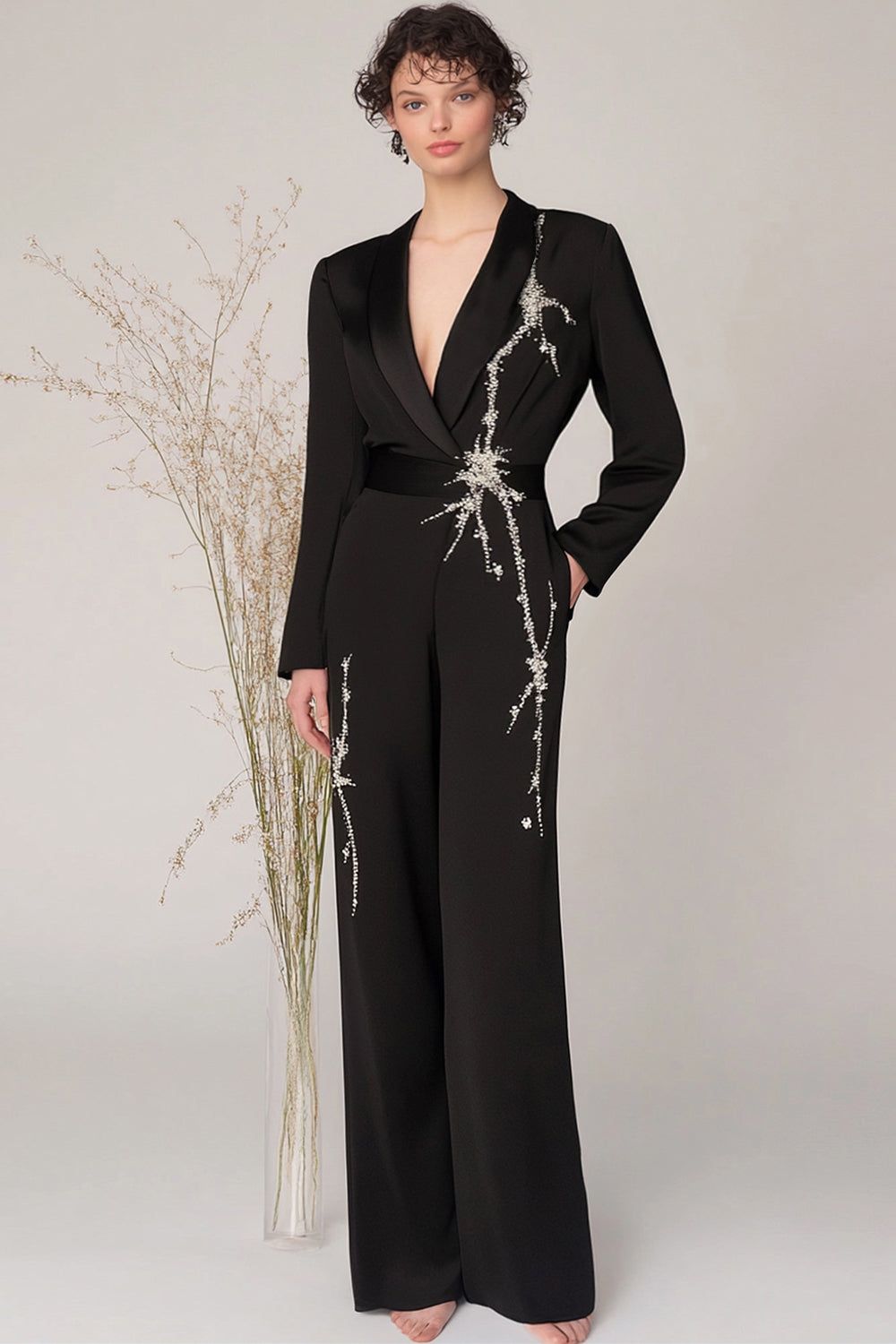 Black Shawl Lapel Satin Long Sleeves Formal Jumpsuits with Beading