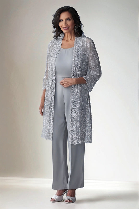 Light Grey 2 Piece Lace Mother of Bride Pant Suits