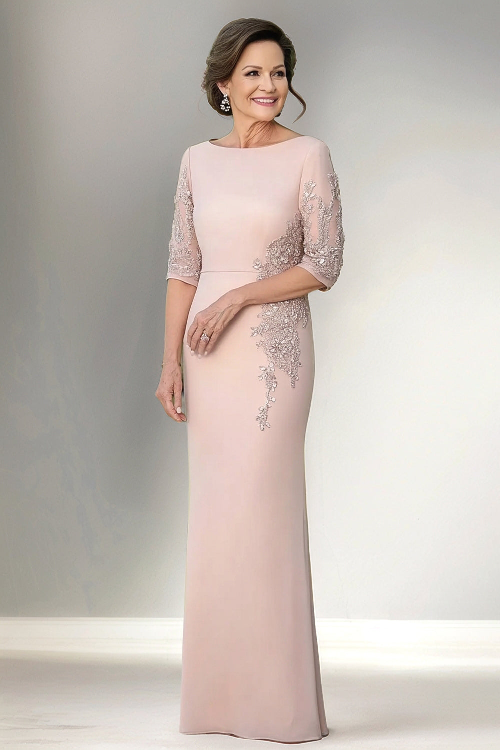 Champagne Mermaid Half Sleeves Long Mother of The Bride Dress