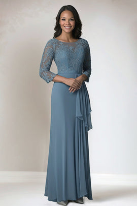 Dusty Blue 3/4 Sleeve Lace Chiffon Mother of The Bride Dress