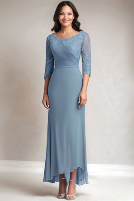 Chiffon Round Neck Lace Dusty Blue Mother of The Bride Dress with Half Sleeves