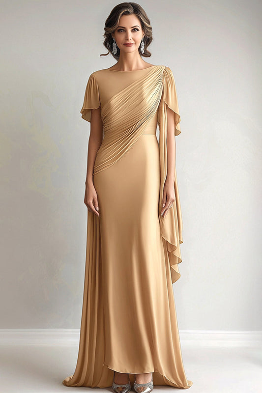 Elegant Golden Ruched Mother of the Bride Dress with Short Sleeves