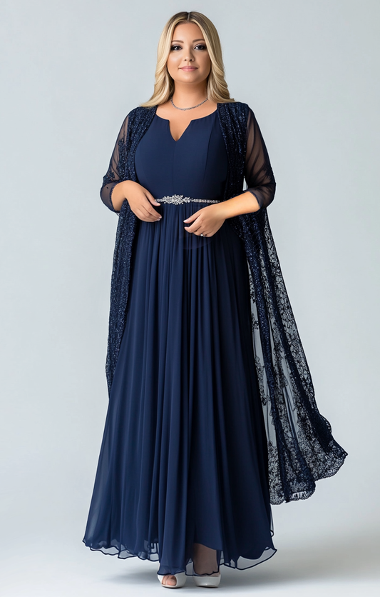 Navy Ruched Chiffon A Line Long Sleeves Mother of The Bride Dress with Shawl