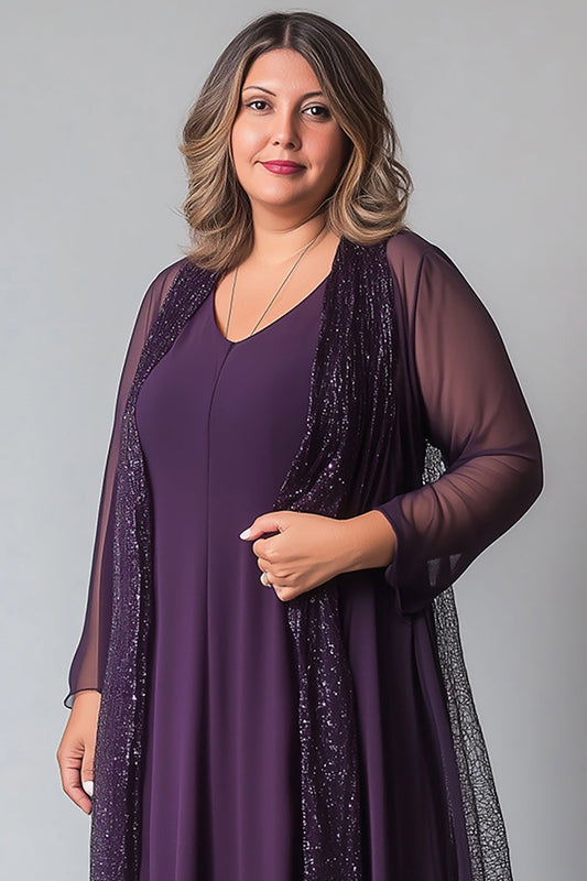 Sparkly Purple Chiffon A Line V Neck Long Sleeves Mother of The Bride Dress