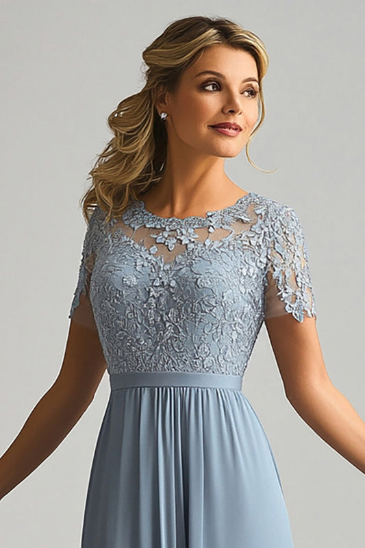 Lace A Line Dusty Blue Chiffon Round Neck Short Sleeves Mother of The Bride Dress