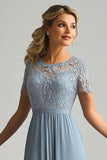 Lace A Line Dusty Blue Chiffon Round Neck Short Sleeves Mother of The Bride Dress