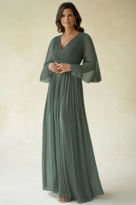 Agave Chiffon Pleated Flare Sleeves V Neck Mother of The Bride Dress