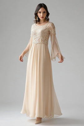 Apricot Lace Flare Sleeves Chiffon Scoop Neck Mother of The Bride Dress