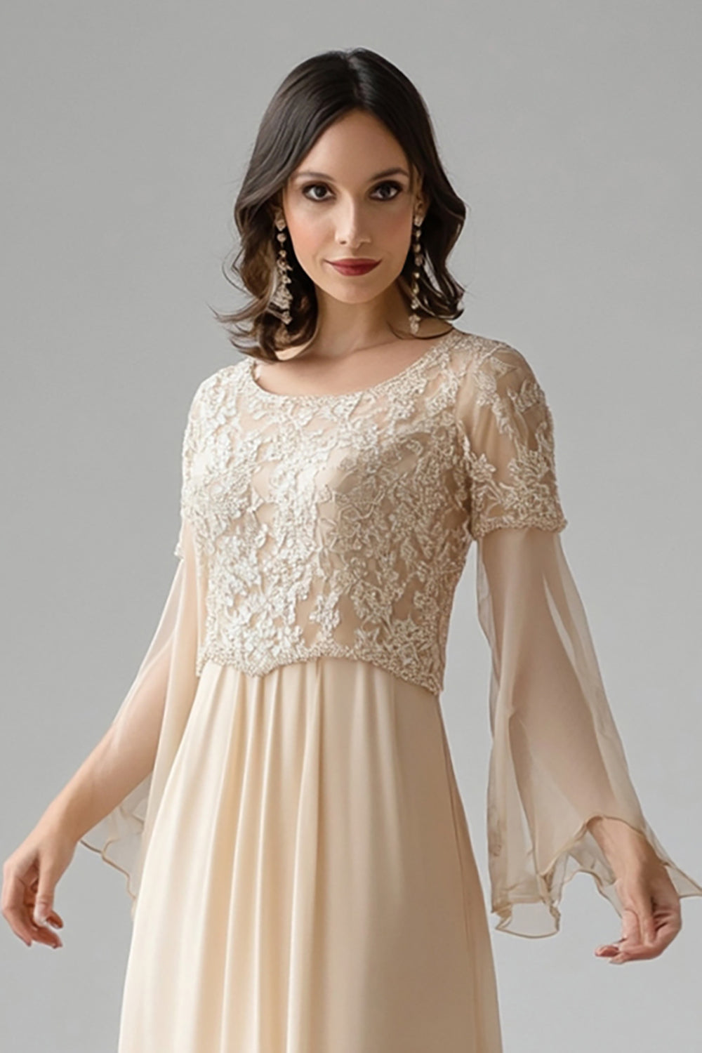 Apricot Lace Flare Sleeves Chiffon Scoop Neck Mother of The Bride Dress