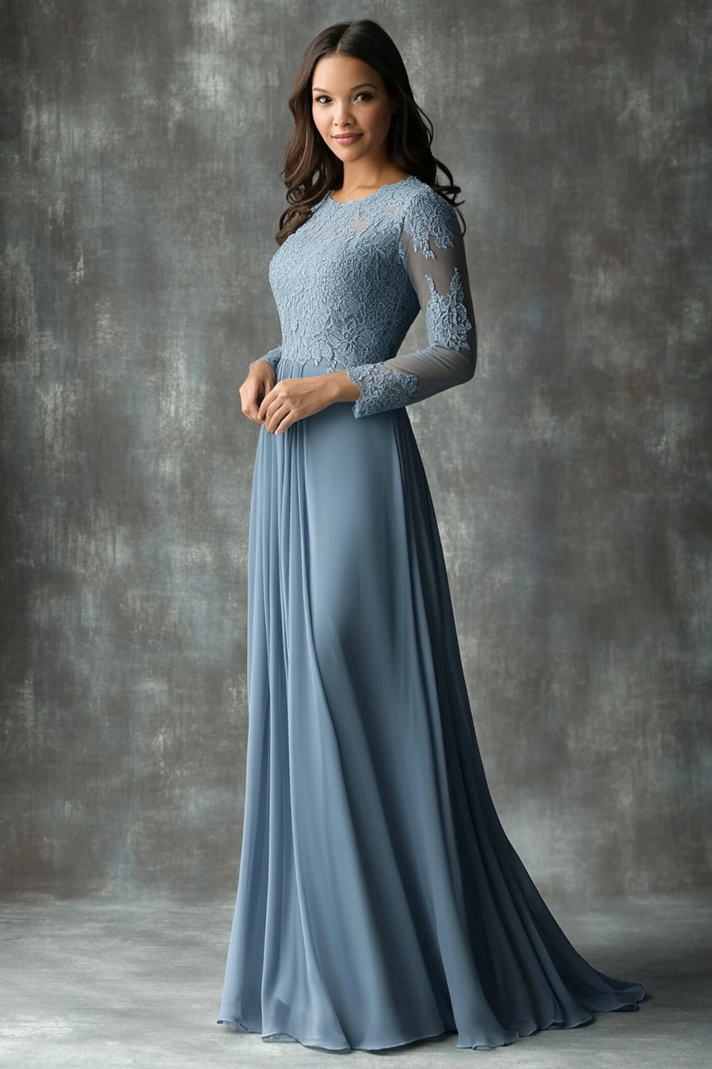 Dusty Blue Appliques Sheath Boat Neck Mother of The Bride Dress