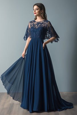 Lace Navy Scoop Neck Ruched A Line Flare Sleeves Mother of The Bride Dress