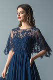 Lace Navy Scoop Neck Ruched A Line Flare Sleeves Mother of The Bride Dress