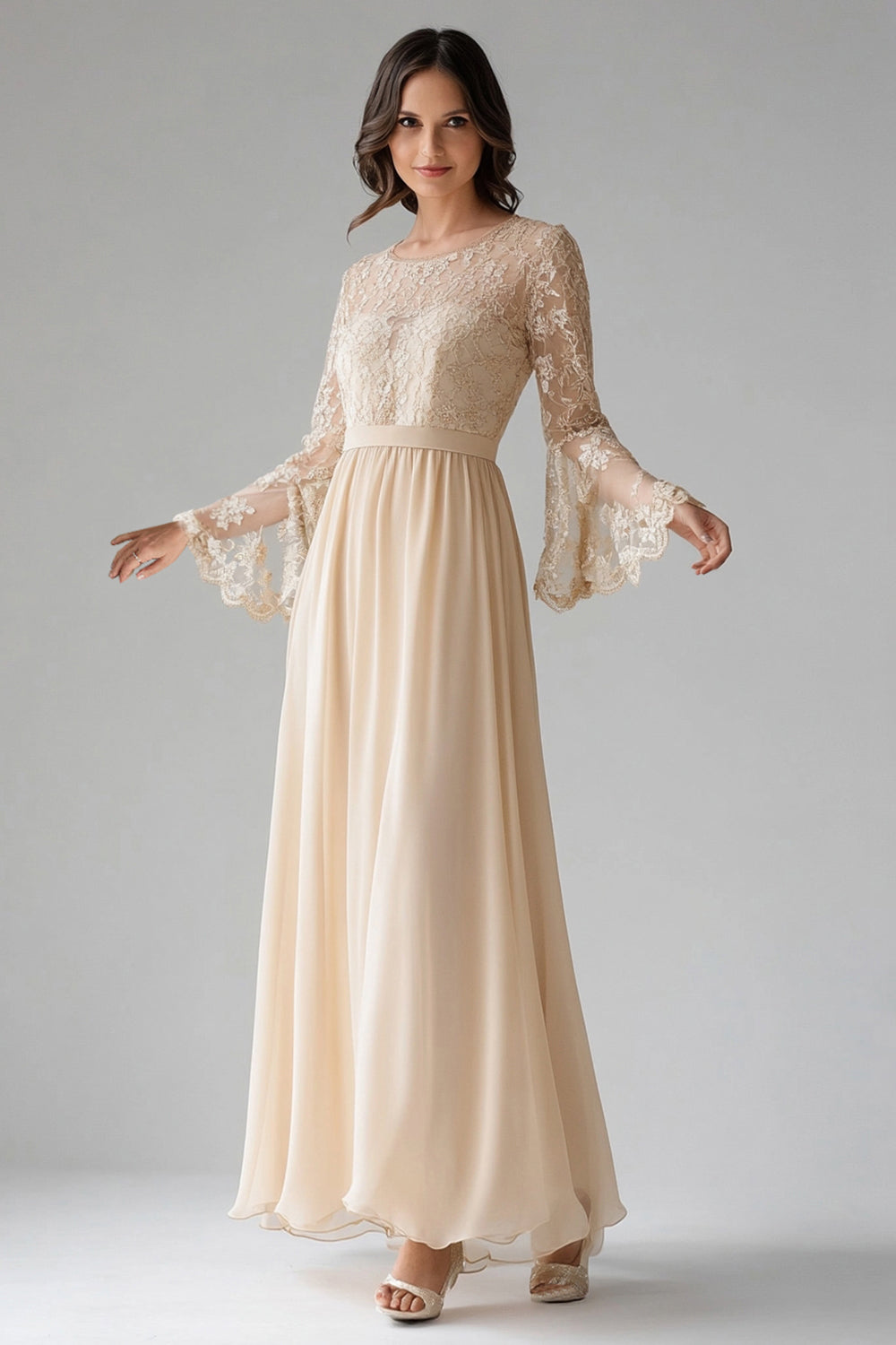 Apricot Chiffon Scoop Neck Flare Sleeves A Line Lace Mother of The Bride Dress