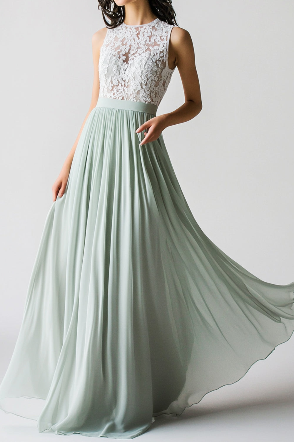 Dusty Sage Lace Chiffon A Line Bridesmaid Dress