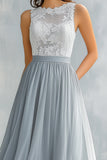 Light Grey A Line Lace Chiffon Long Bridesmaid Dress