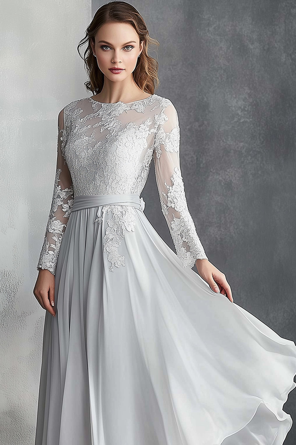 Chiffon Grey A Line Mother of the Bride Dress with Lace Appliques