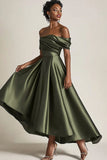 Olive A-Line Off the Shoulder Ruched Satin Ankle Length Mother of the Bride Dress