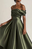 Olive A-Line Off the Shoulder Ruched Satin Ankle Length Mother of the Bride Dress