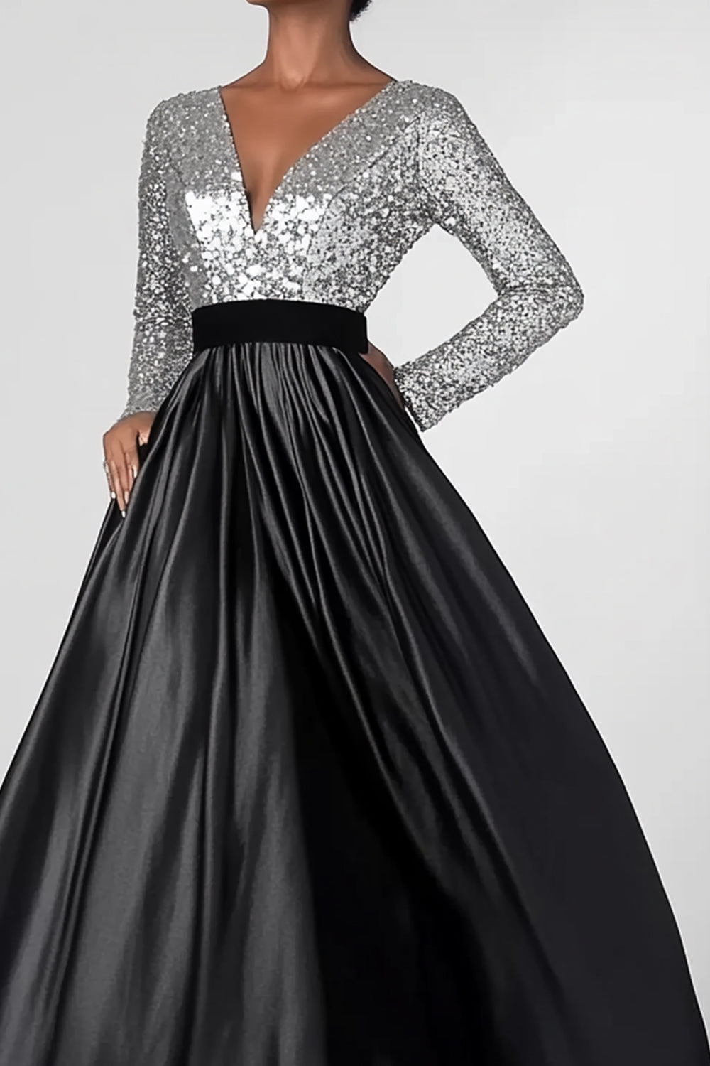 Sparkly Black Silver A-Line Long Sleeves Sequins Top Long Mother of the Bride Dress