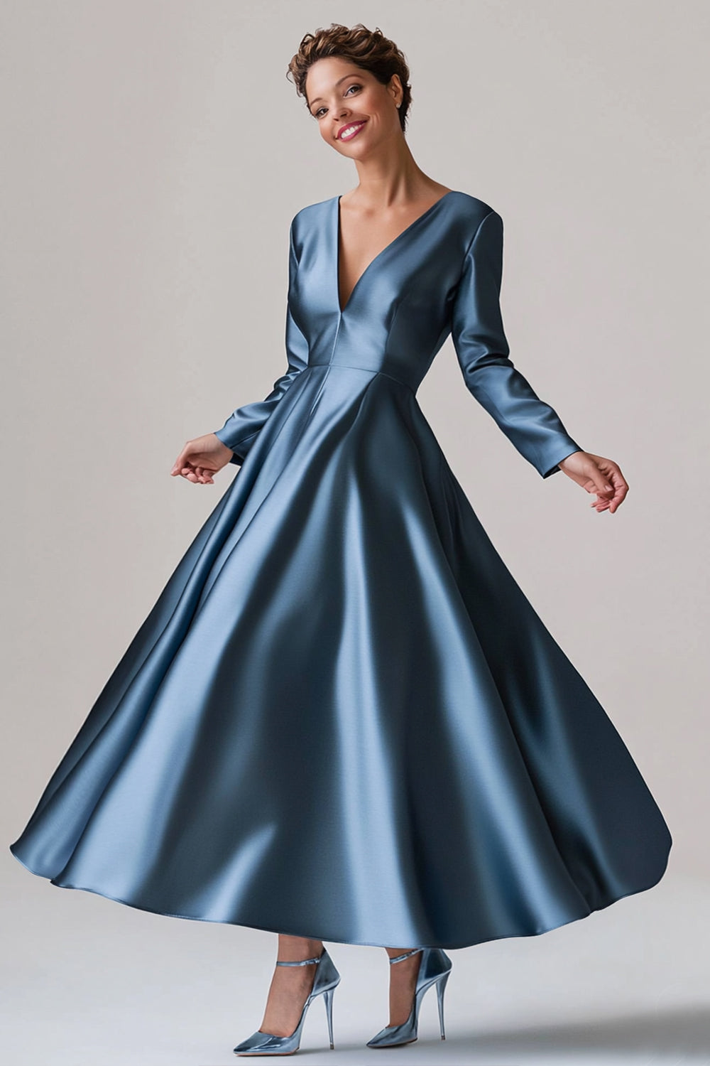 Blue A-Line V Neck Long Sleeves Satin Long Mother Of The Bride Dress