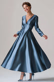 Blue A-Line V Neck Long Sleeves Satin Long Mother Of The Bride Dress