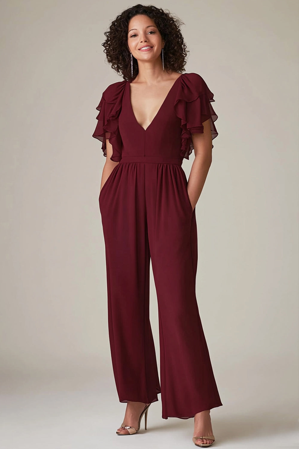 Burgundy Ruffled Sleeves Chiffon Mother Jumpsuit