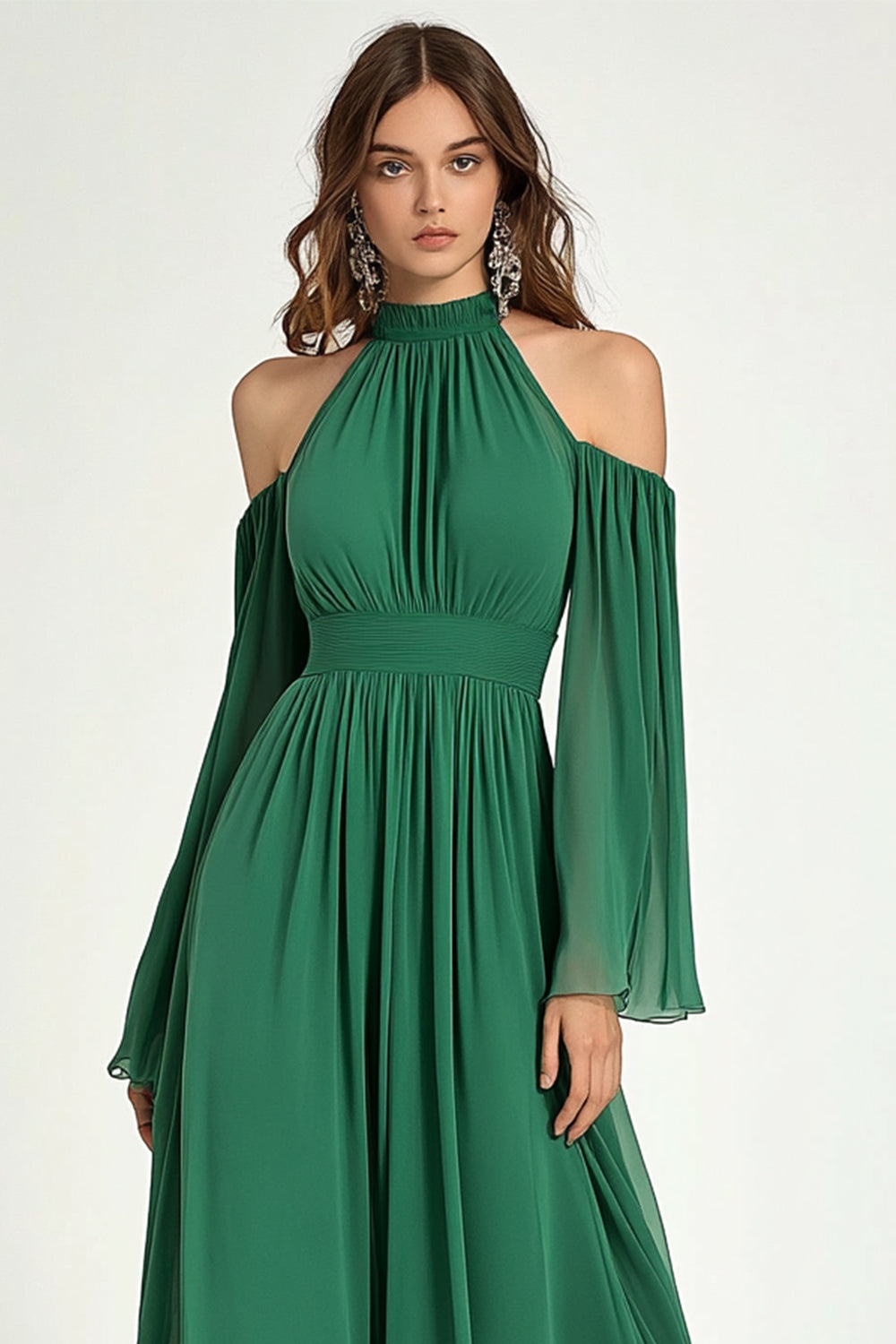 Green A Line Cold Shoulder Halter Long Mother Of the Bride Dress