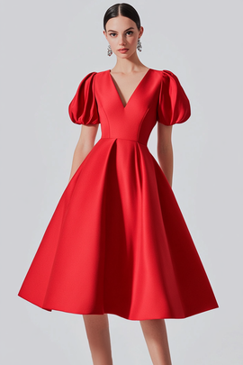 Red A Line Satin Formal Dress with Puff Sleeves