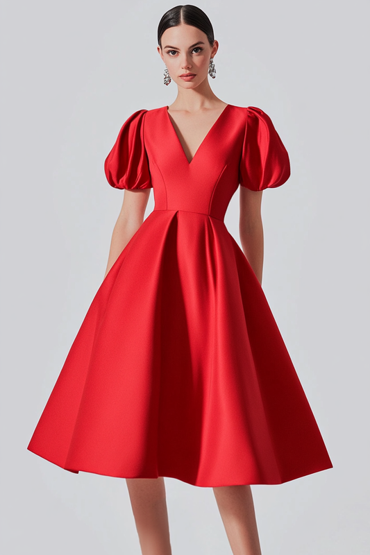 Red A Line Satin Formal Dress with Puff Sleeves