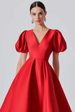 Red A Line Satin Formal Dress with Puff Sleeves