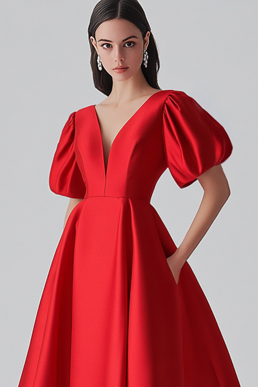 Red A Line Satin Formal Dress with Puff Sleeves