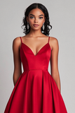 Red Satin A-Line Tea Length Formal Dress