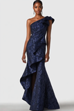 Navy One Shoulder Ruffled Mermaid Formal Dress