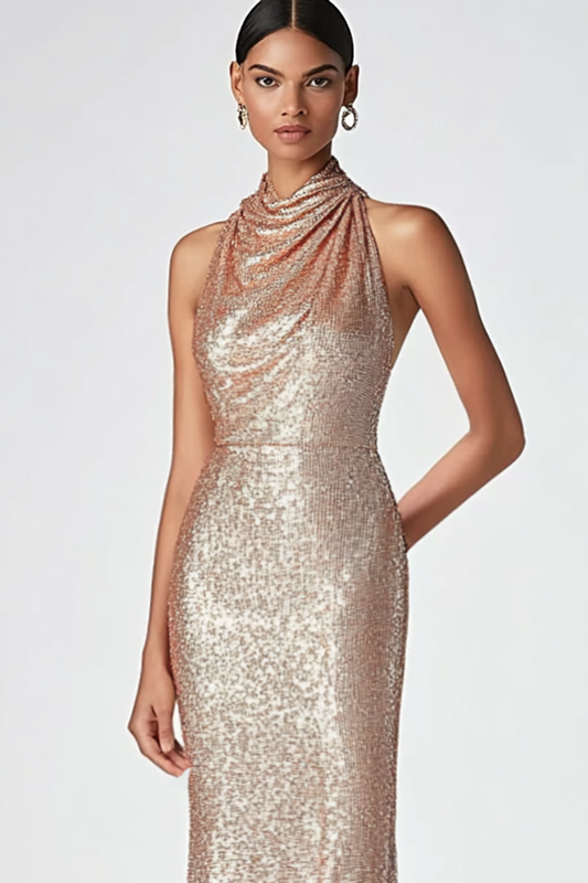 Champagne Halter Mermaid Sequins Formal Dress