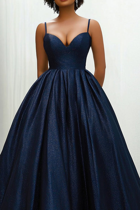 Sweetheart Navy Spaghetti Straps Long Satin Ball Gown with Side Invisible Pockets