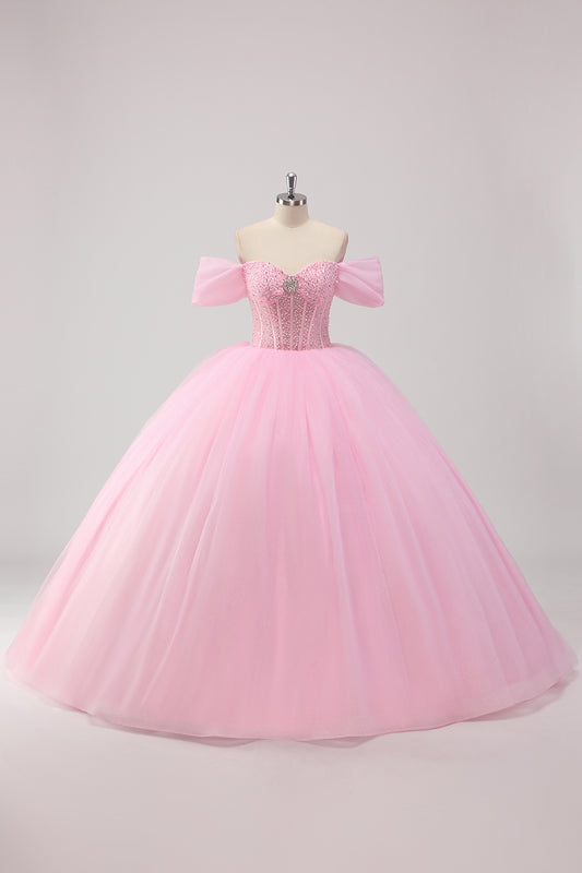 Sparkly Pink Ball Gown Off the Shoulder Corset Quinceanera Dress with Beadings