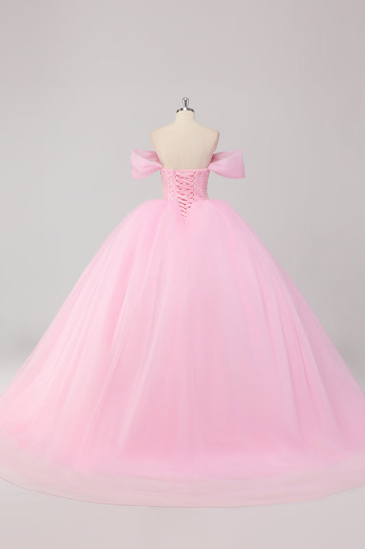 Sparkly Pink Ball Gown Off the Shoulder Corset Quinceanera Dress with Beadings